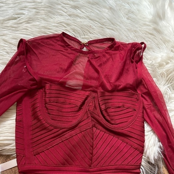 HOUSE OF CB Noelle Wine Bandage Mesh Dress - Picture 6 of 8